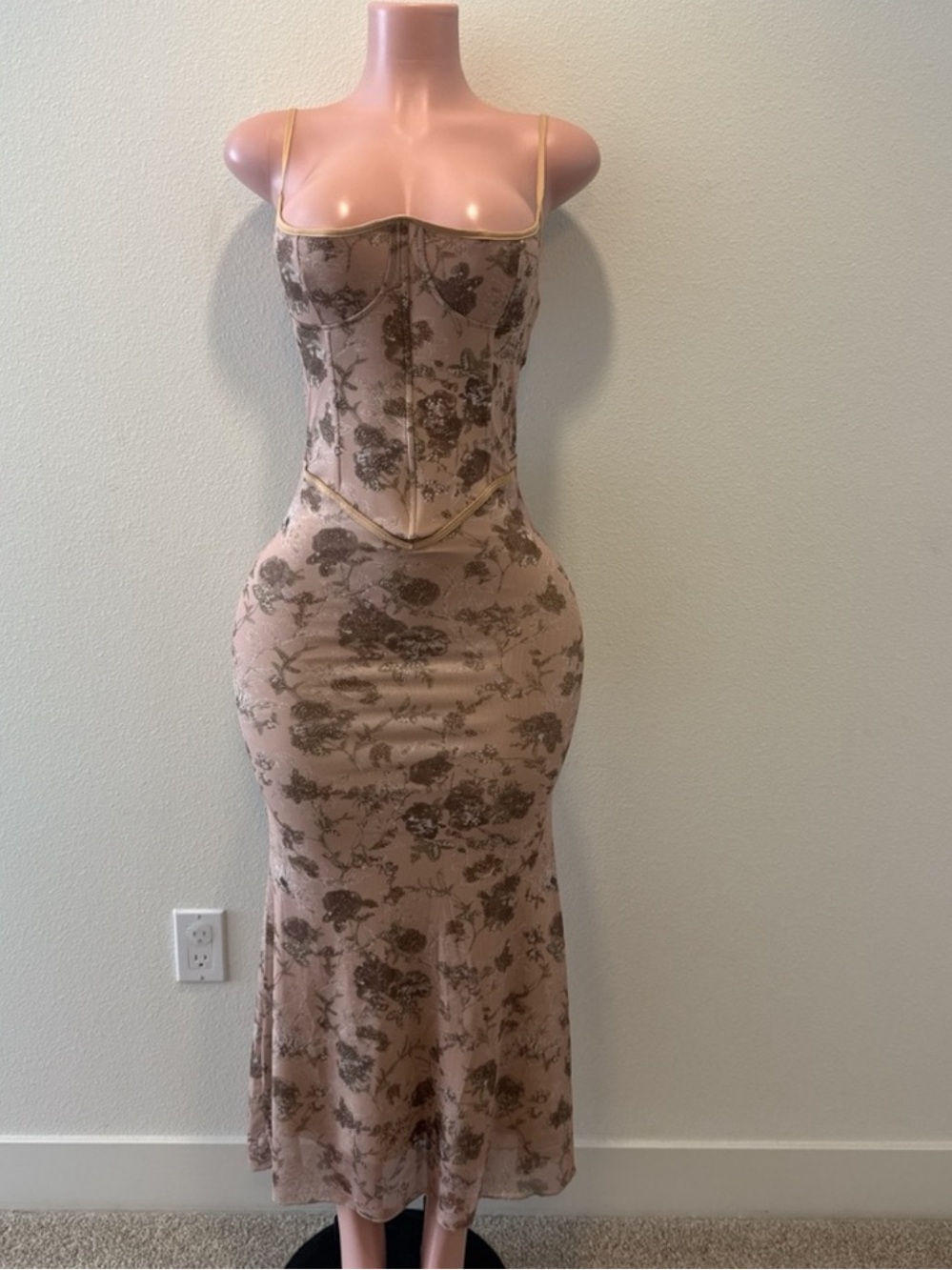 Floral Corset-Style Maxi Dress in Nude and Brown